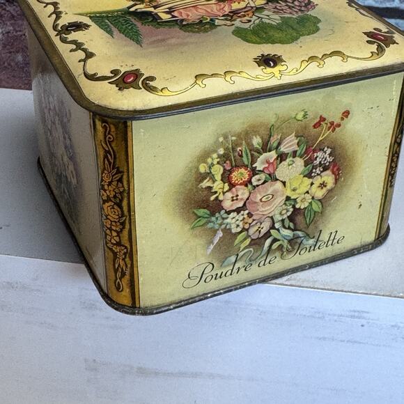 Vintage 1940’s Lander Poudre De Toilette Powder Tin Empty Courting Scene Floral - Picture 5 of 10